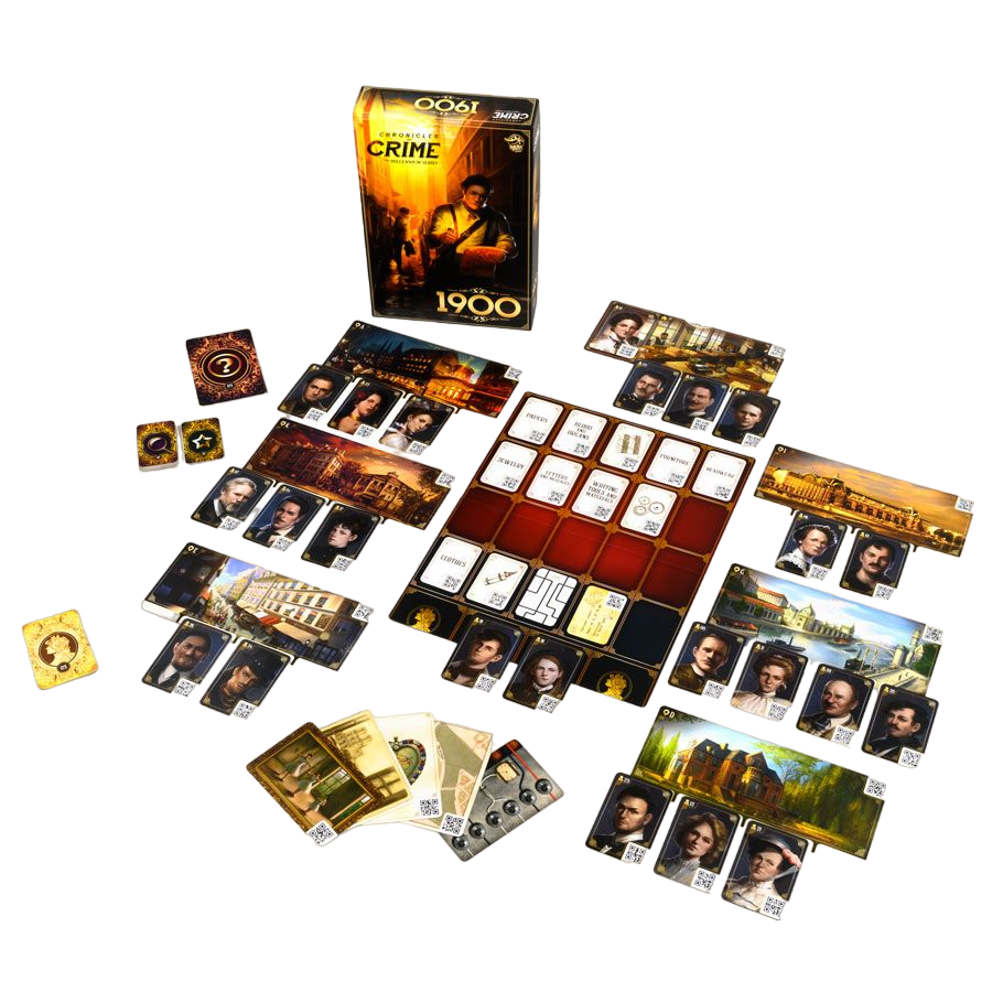 Chronicles of Crime: 1900 Mystery Board Game Pieces Set Up
