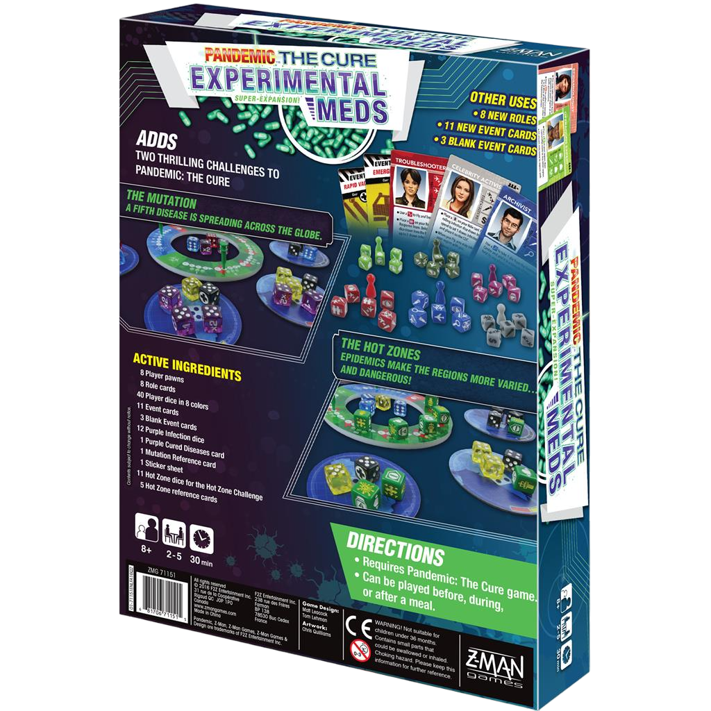 Pandemic: the cure experimental meds expansion cooperative dice based board game box back
