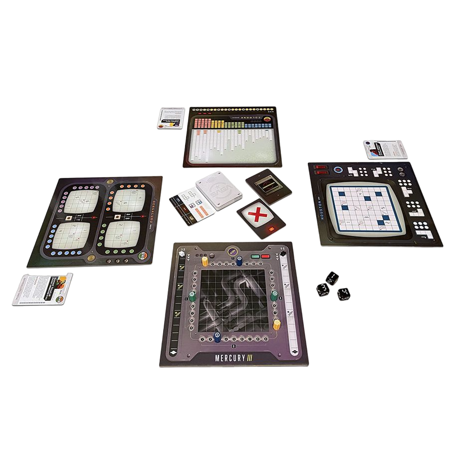 Mission Control: Critical Orbit cooperative, roll and write board game play set up