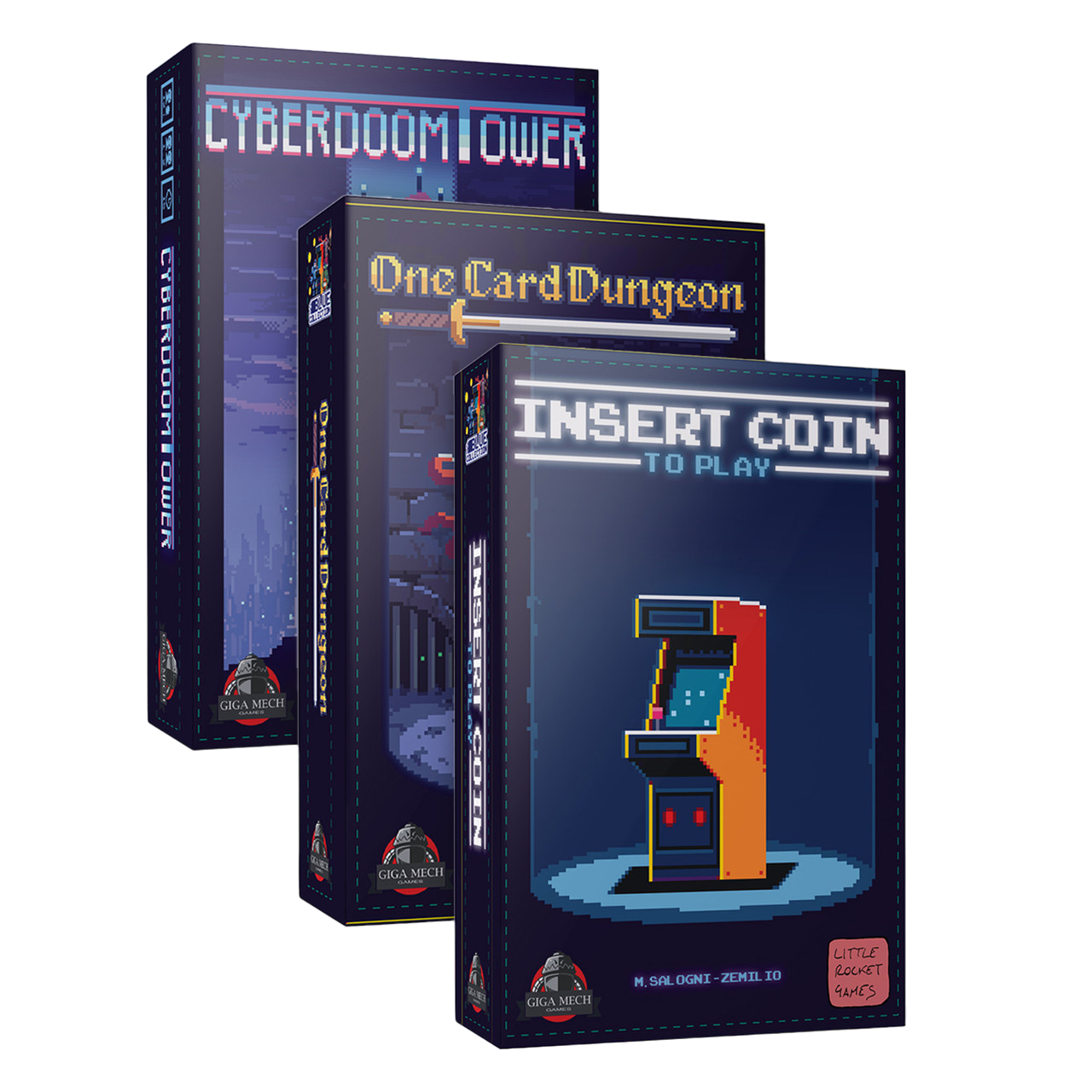 cyberdoom tower, one card dungeon, and insert coin to play board game bundle boxes front