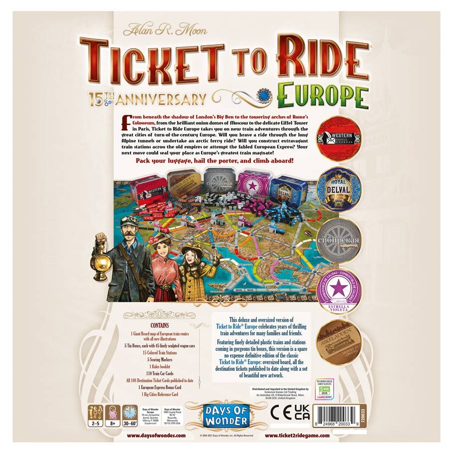 Ticket to Ride: Europe - 15TH Anniversary Edition family strategy board game expansion box back