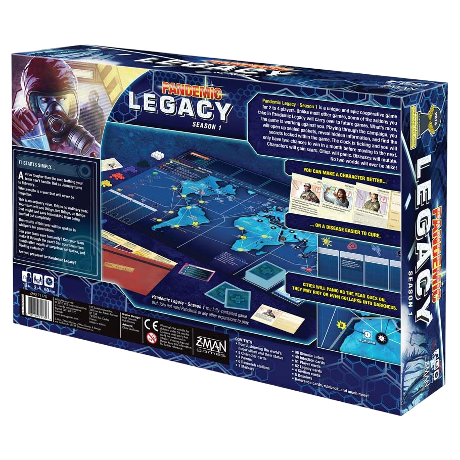 Pandemic: Legacy Season 1 blue cooperative sickness board game box back
