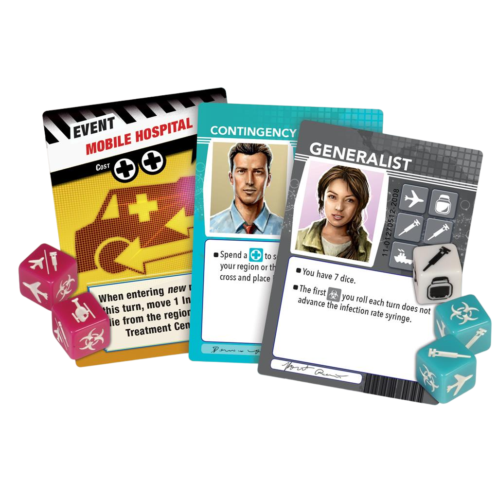 Pandemic: the cure cooperative dice based board game character and event cards and dice