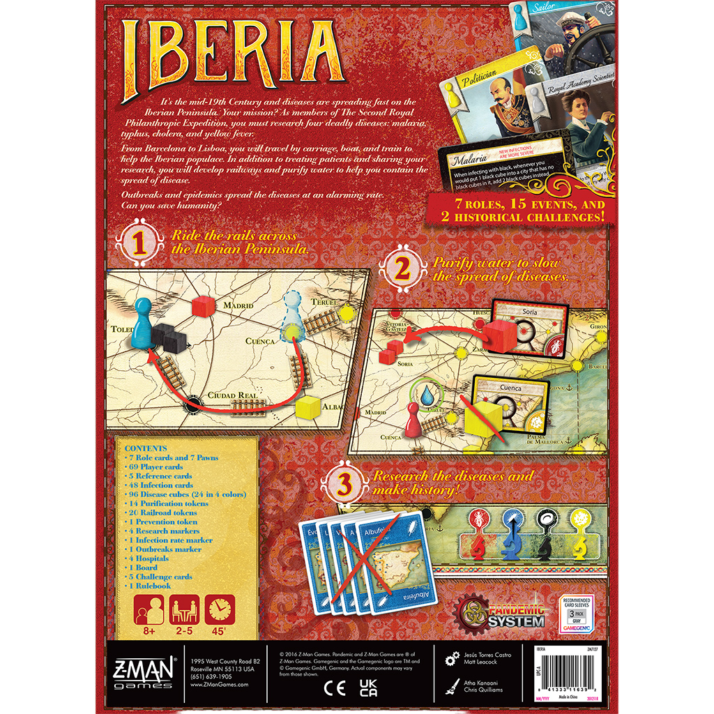 Pandemic: Iberia historical disease curing board game box back
