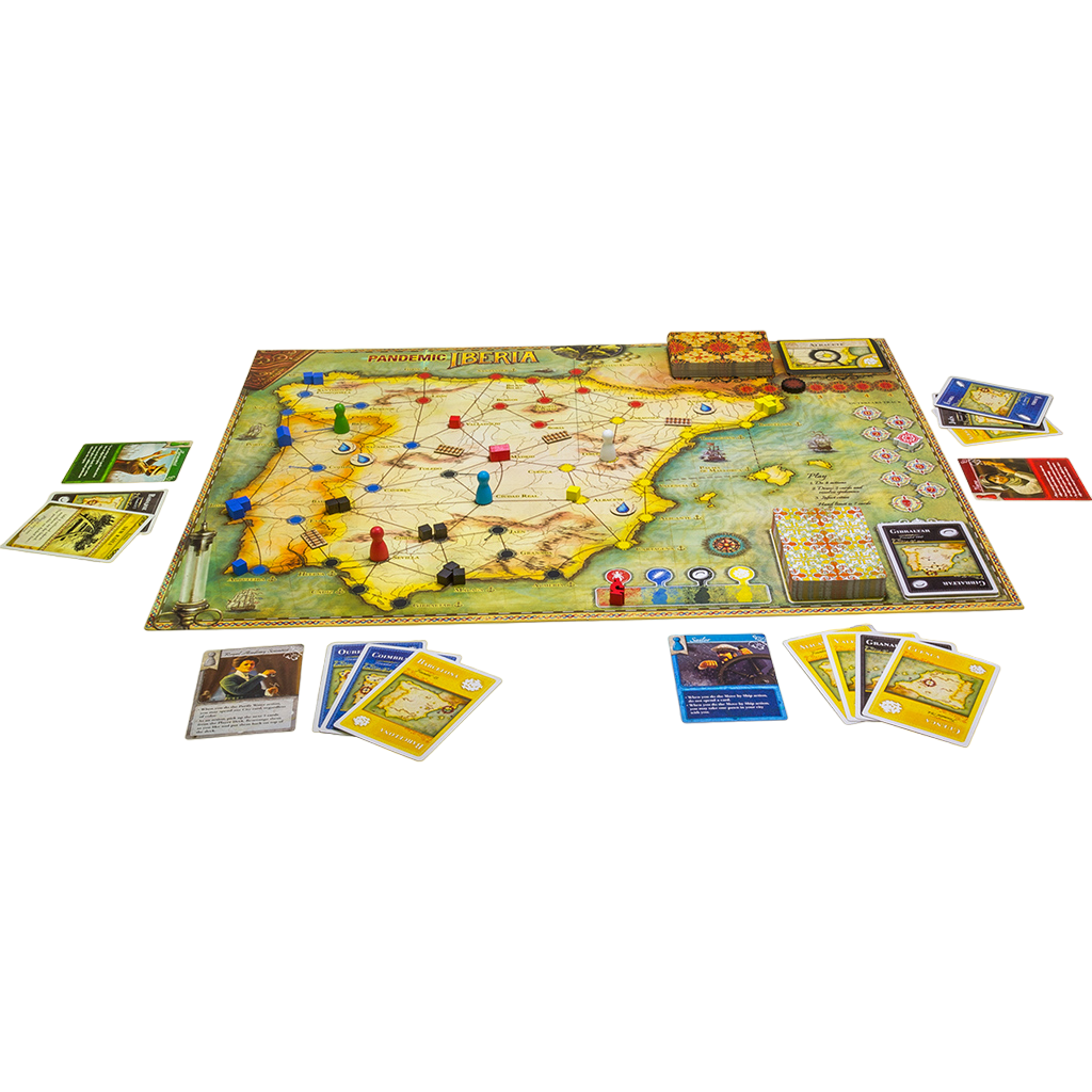 Pandemic: Iberia historical disease curing board game play set up