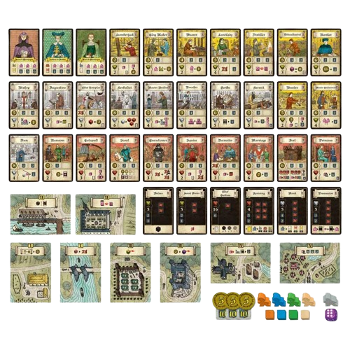 ladies of troyes Medieval economic strategy board game expansion cards and tokens