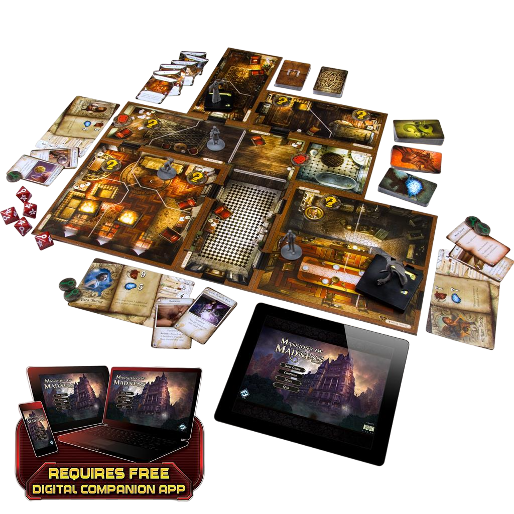 Mansions of Madness Second Edition cooperative app driven mystery board game play set up with tablet