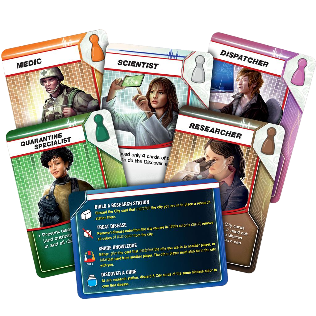 Pandemic cooperative disease cure board game character and reference cards