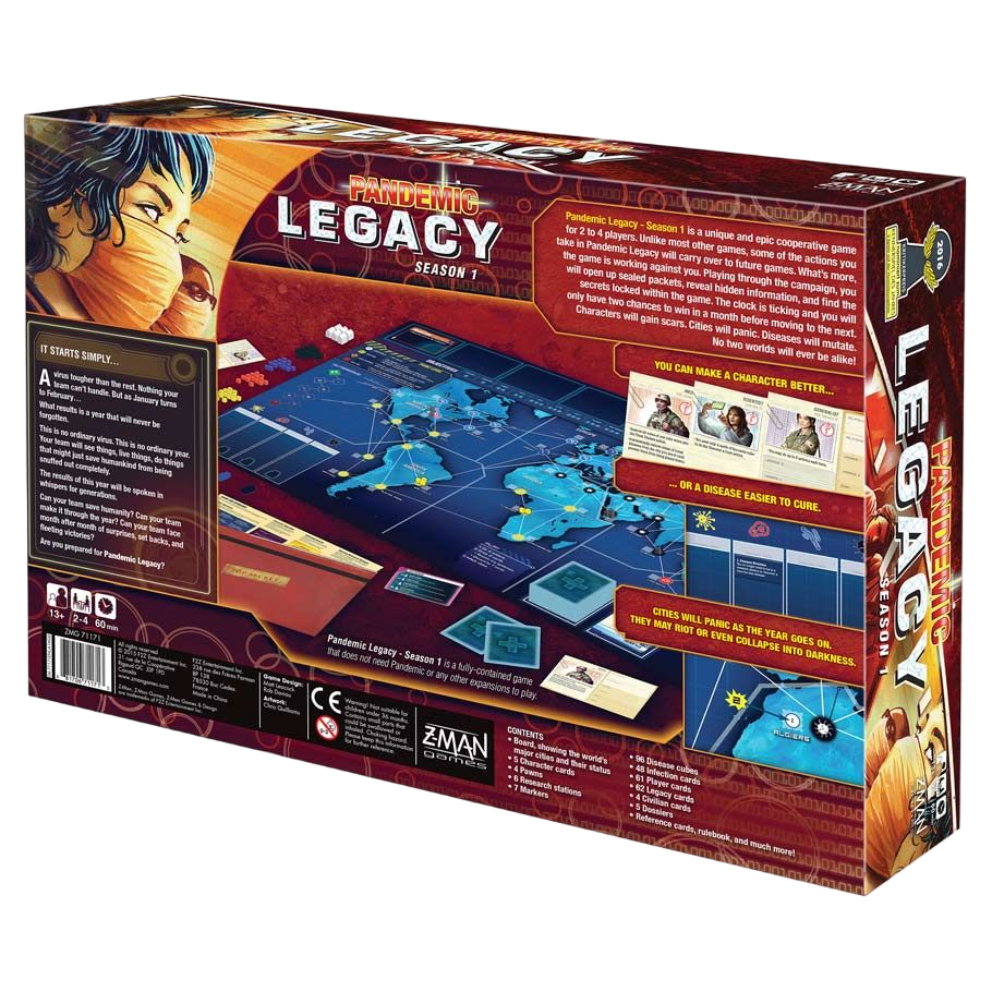 Pandemic: Legacy Season 1 red cooperative sickness board game box back