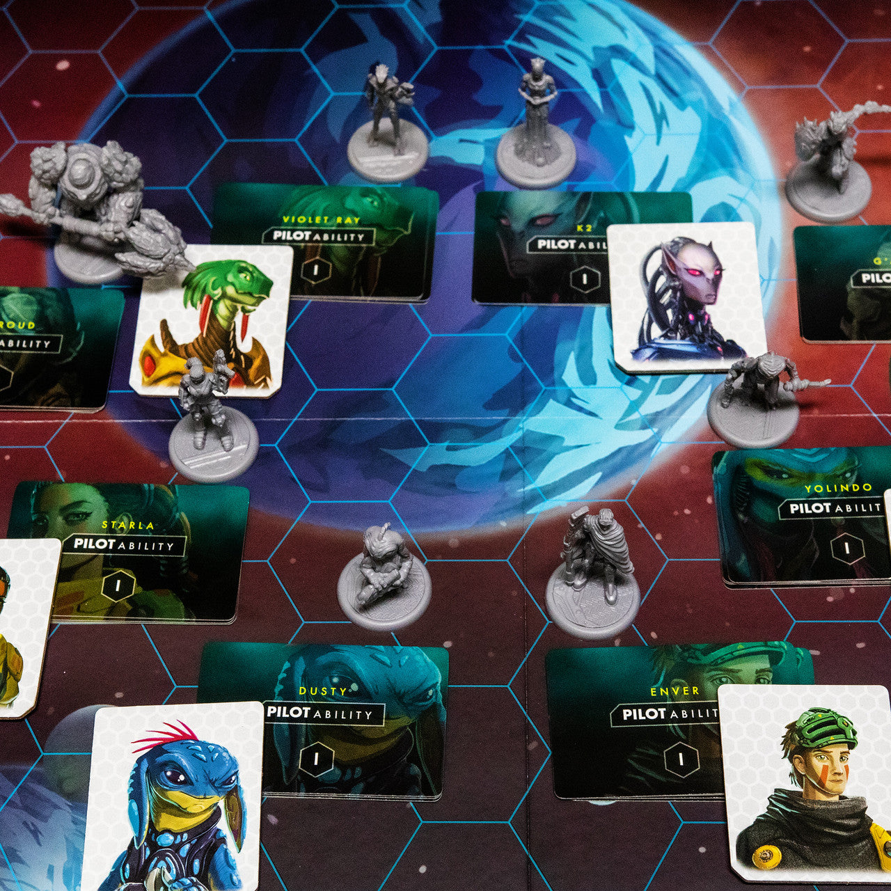 Stars of Akarios cooperative tabletop strategy board game map with characters